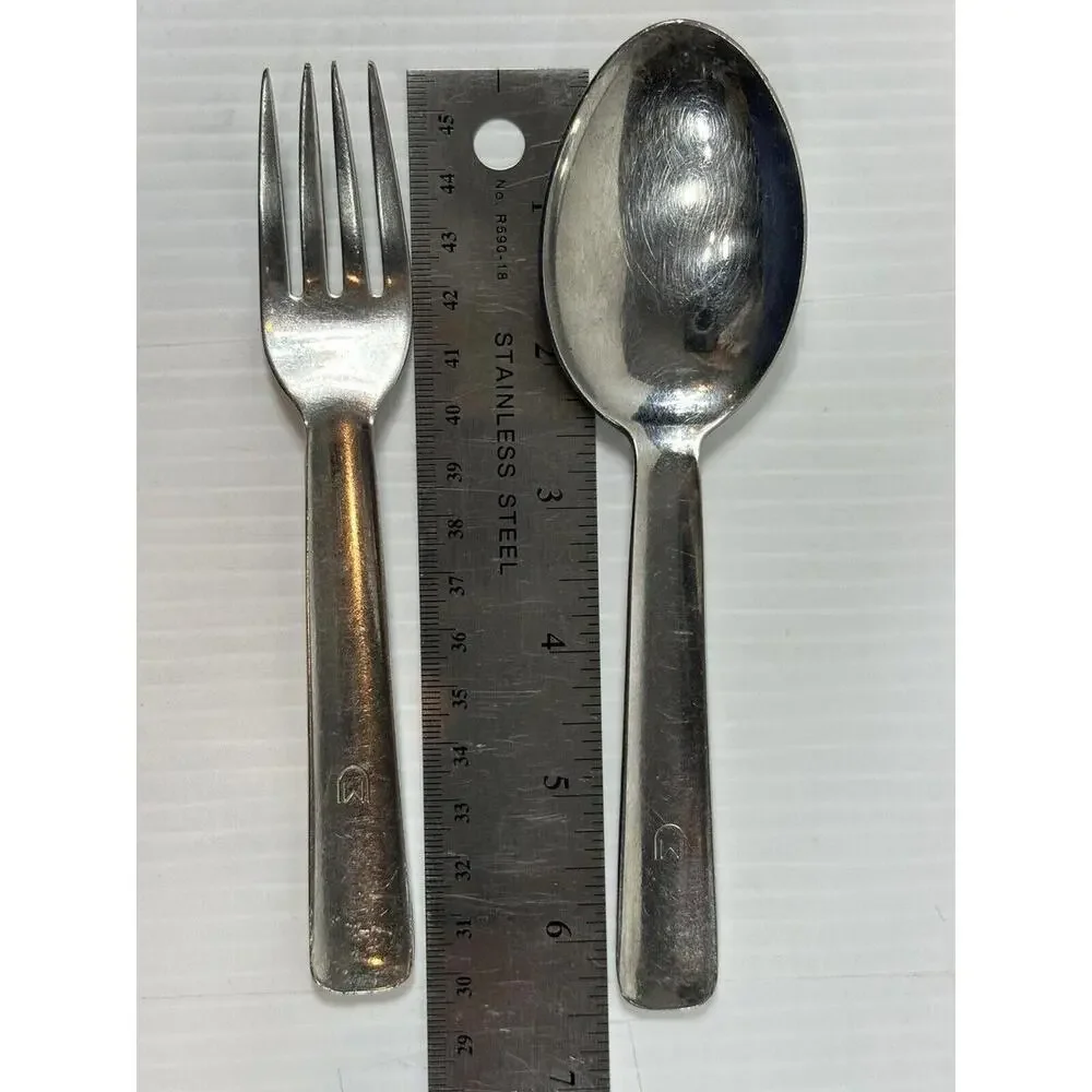 Vintage MCM Vilco Stainless Steel Fork Spoon Set Wide Handle M Above U Logo‎
